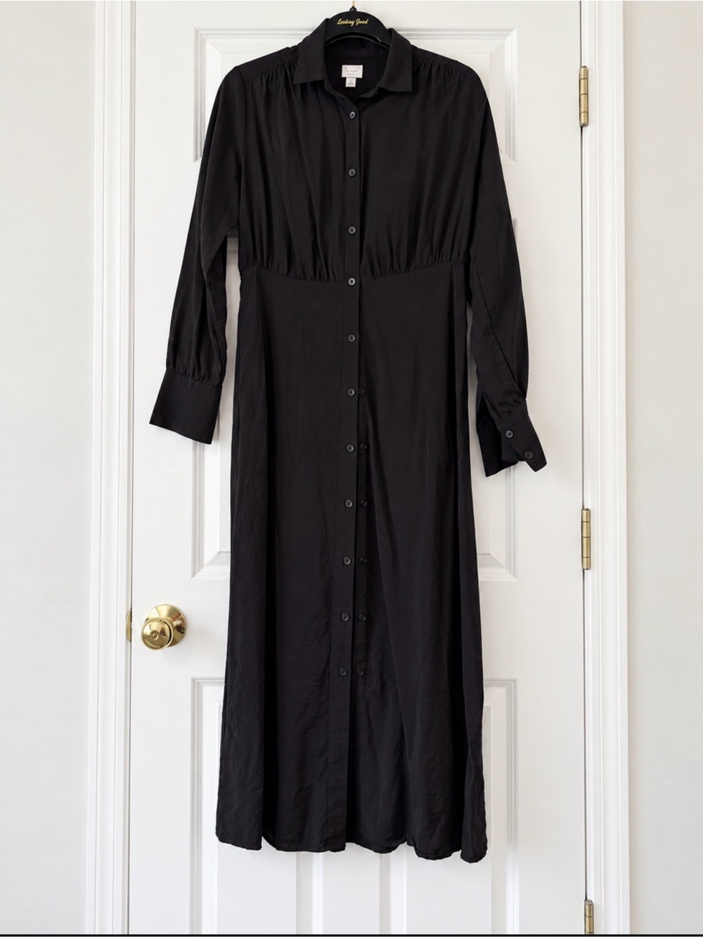 A New Day Long Sleeve Button-Front Pleated Midi Shirt Dress Black Medium